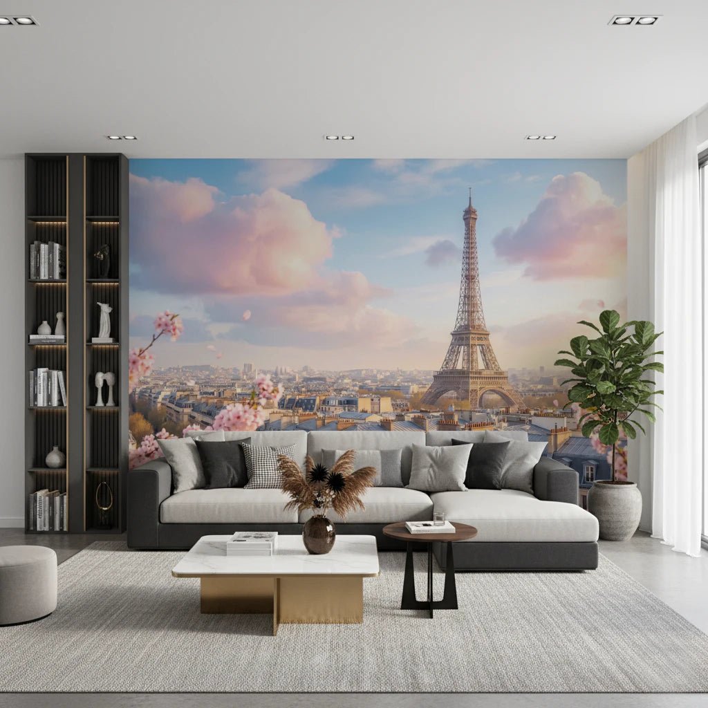 Modern lounge with Eiffel Bloom Wall Mural behind a chic statement 