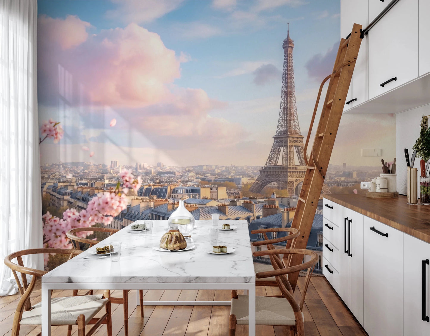 Kitchen dining view of Eiffel Bloom Wall Mural with Eiffel Tower and blossoms