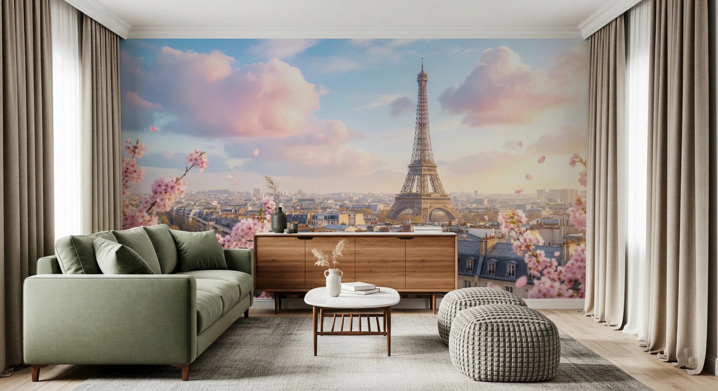 Cozy sitting room showcasing Eiffel Bloom Wall Mural in blush sky tones