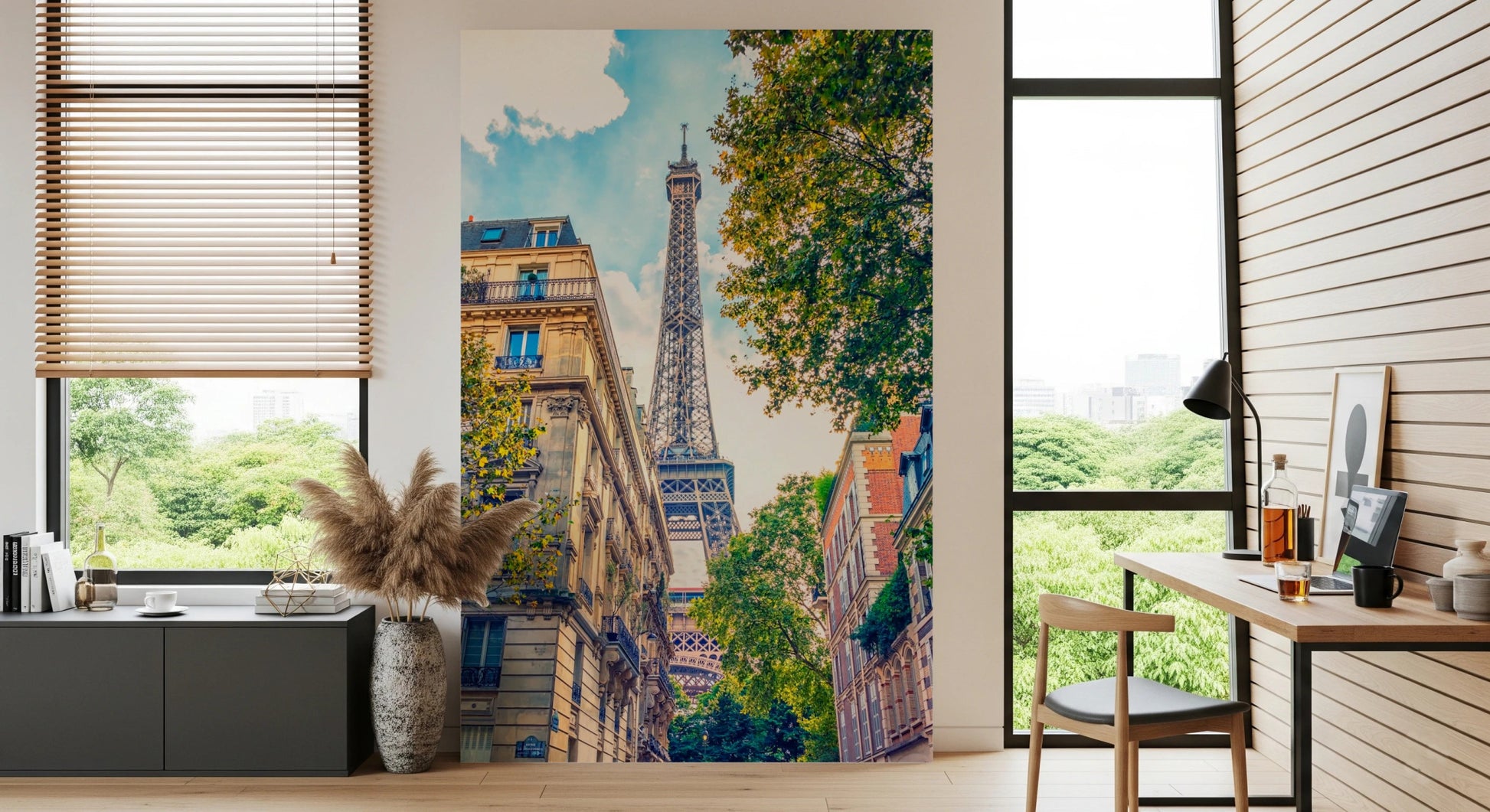 Minimal Eiffel wall mural for bedroom setting