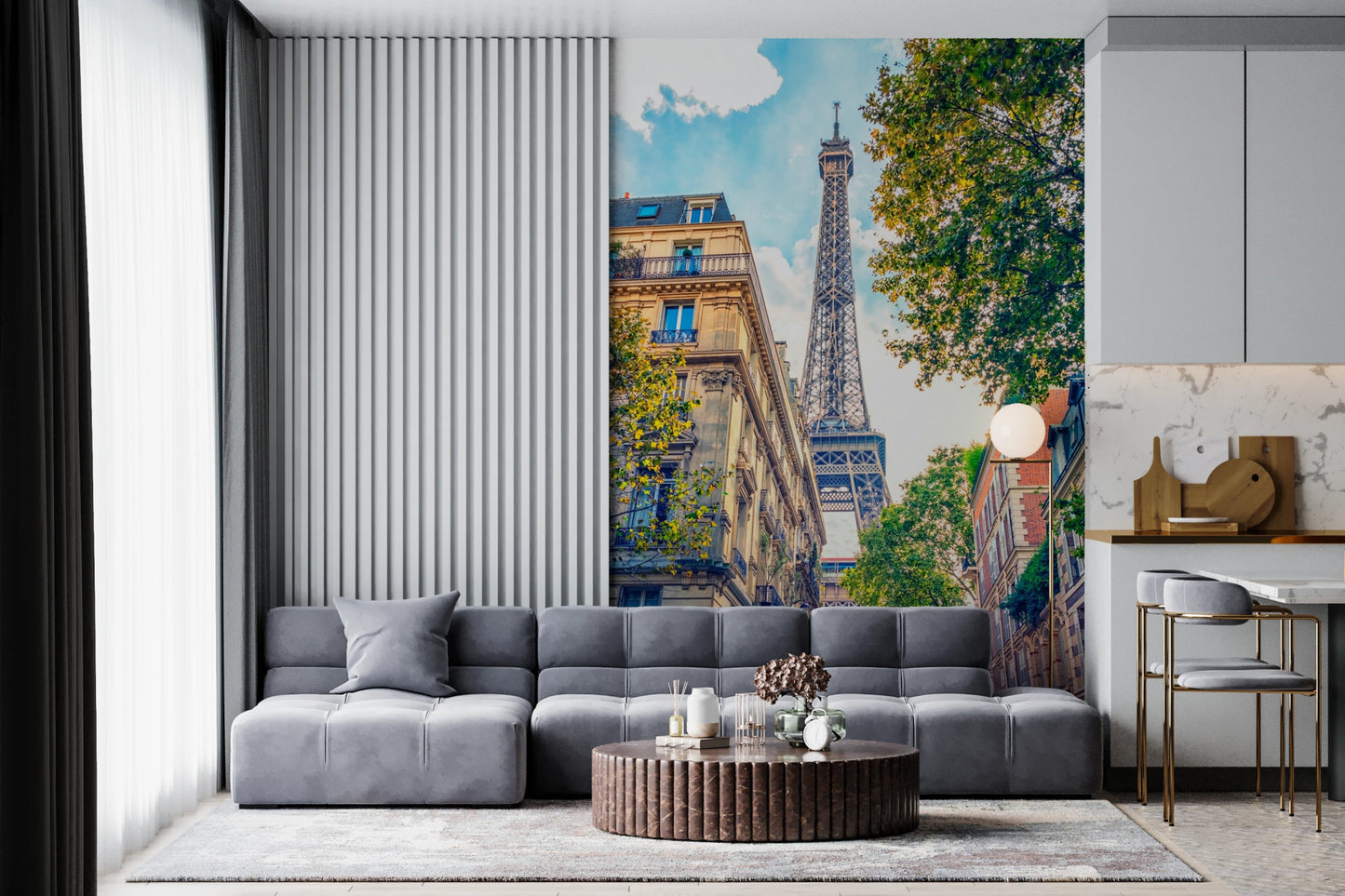 Urban Paris wall mural with subtle neutral colors