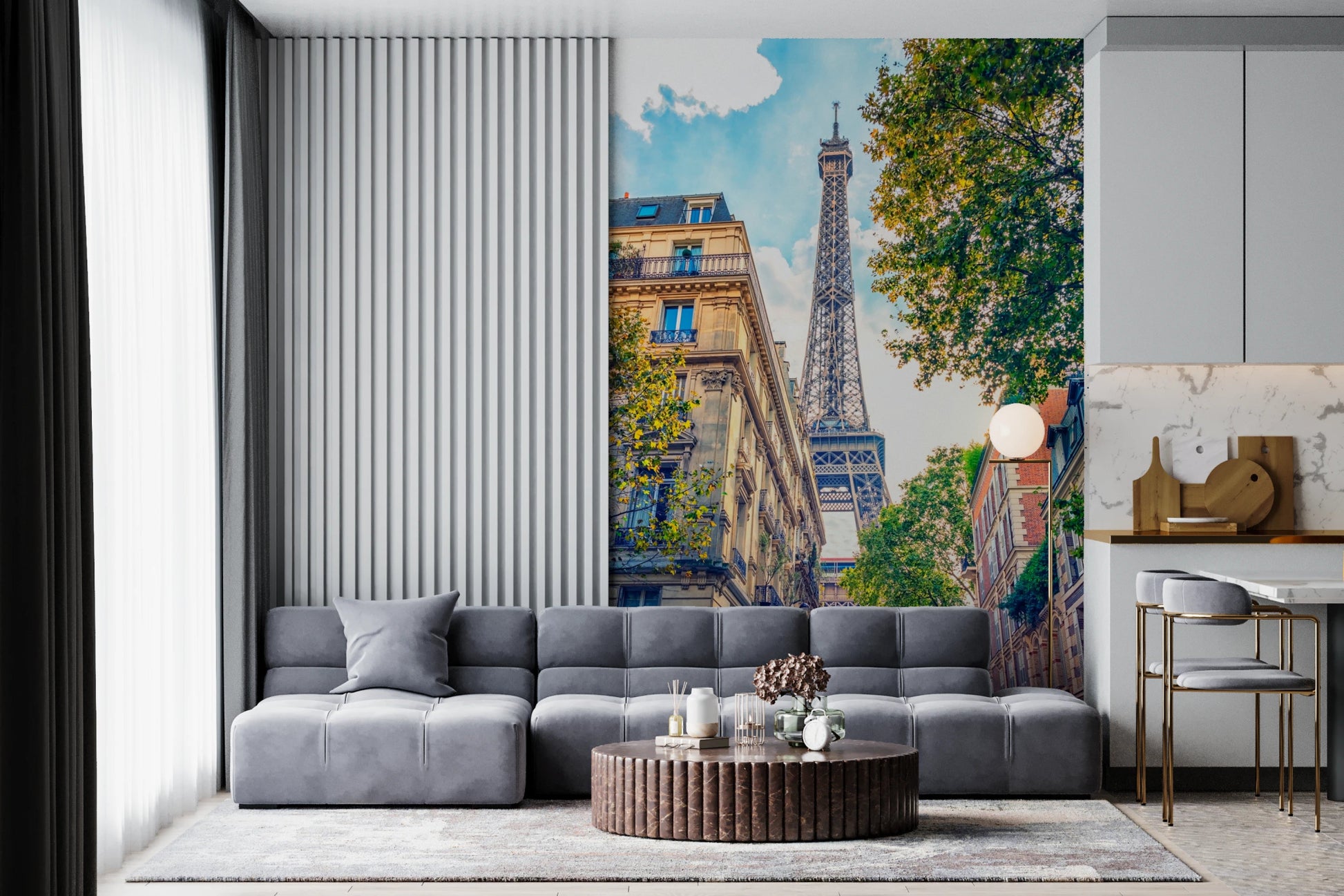 Urban Paris wall mural with subtle neutral colors