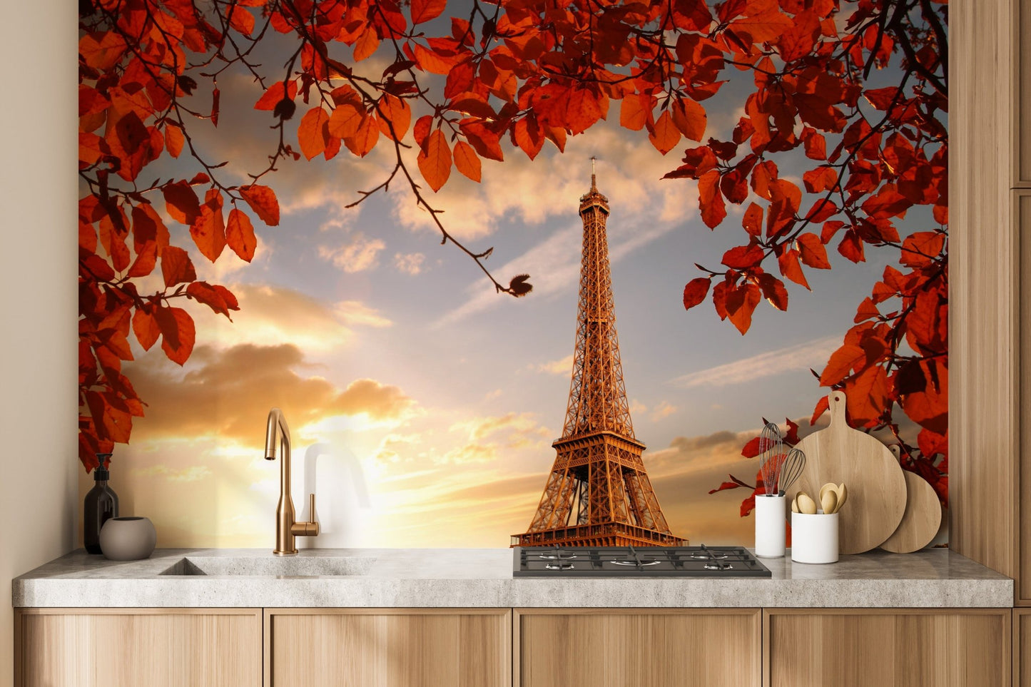 Elegant Eiffel Tower Autumn Leaves Wallpaper Mural B166
