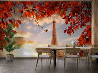 Eiffel Tower in Autumn with Falling Leaves Mural B166
