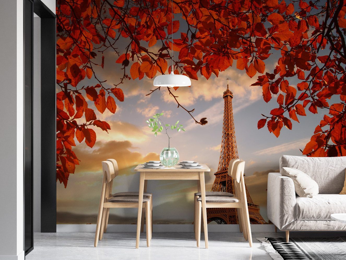 Eiffel Tower Autumn Leaves Wallpaper Design
