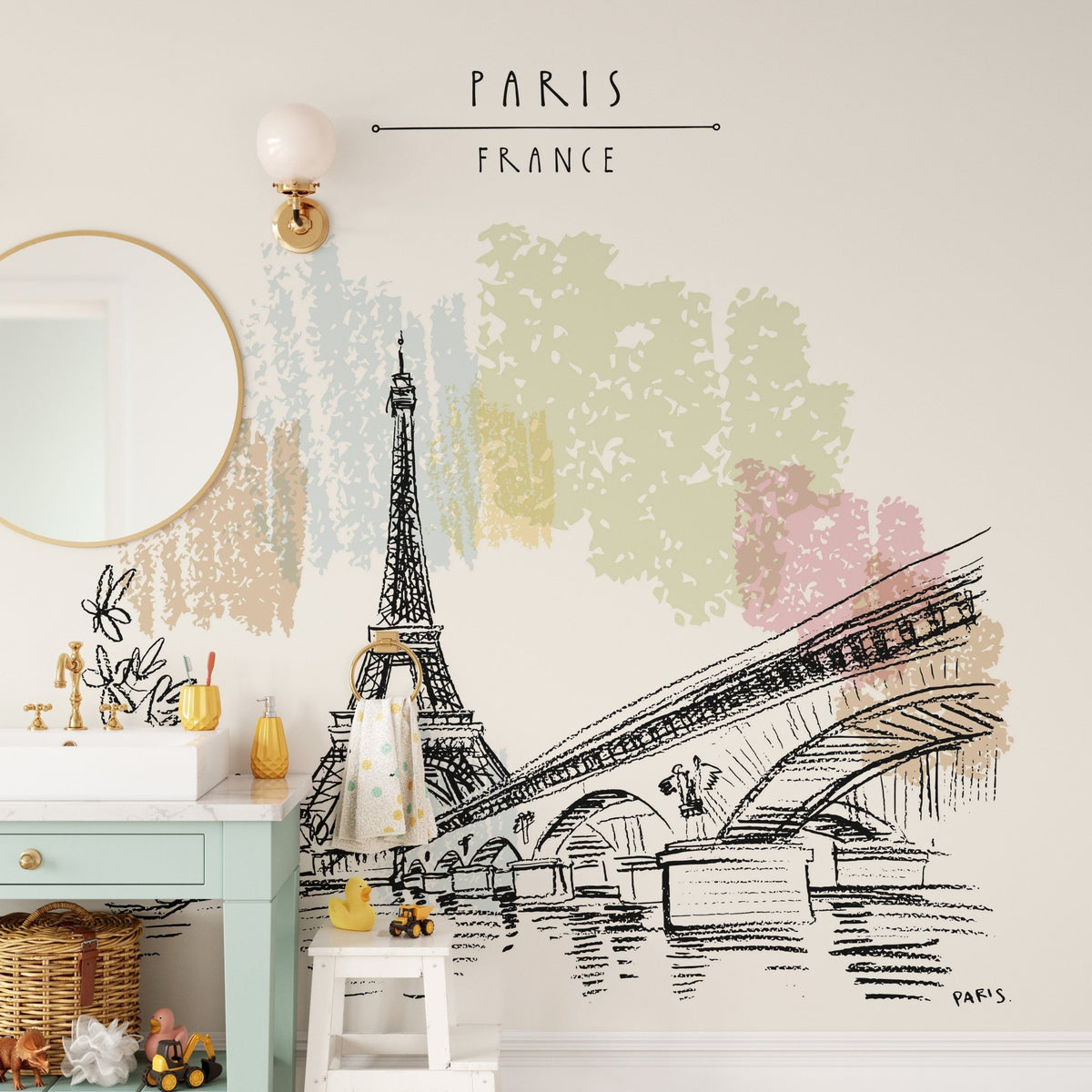 Parisian-themed wall mural with Eiffel Tower B165