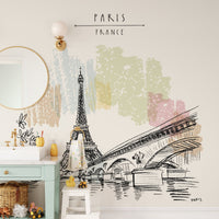 Parisian-themed wall mural with Eiffel Tower B165