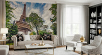 Living room styling gains openness from Eiffel Tower Greens wall mural perspective