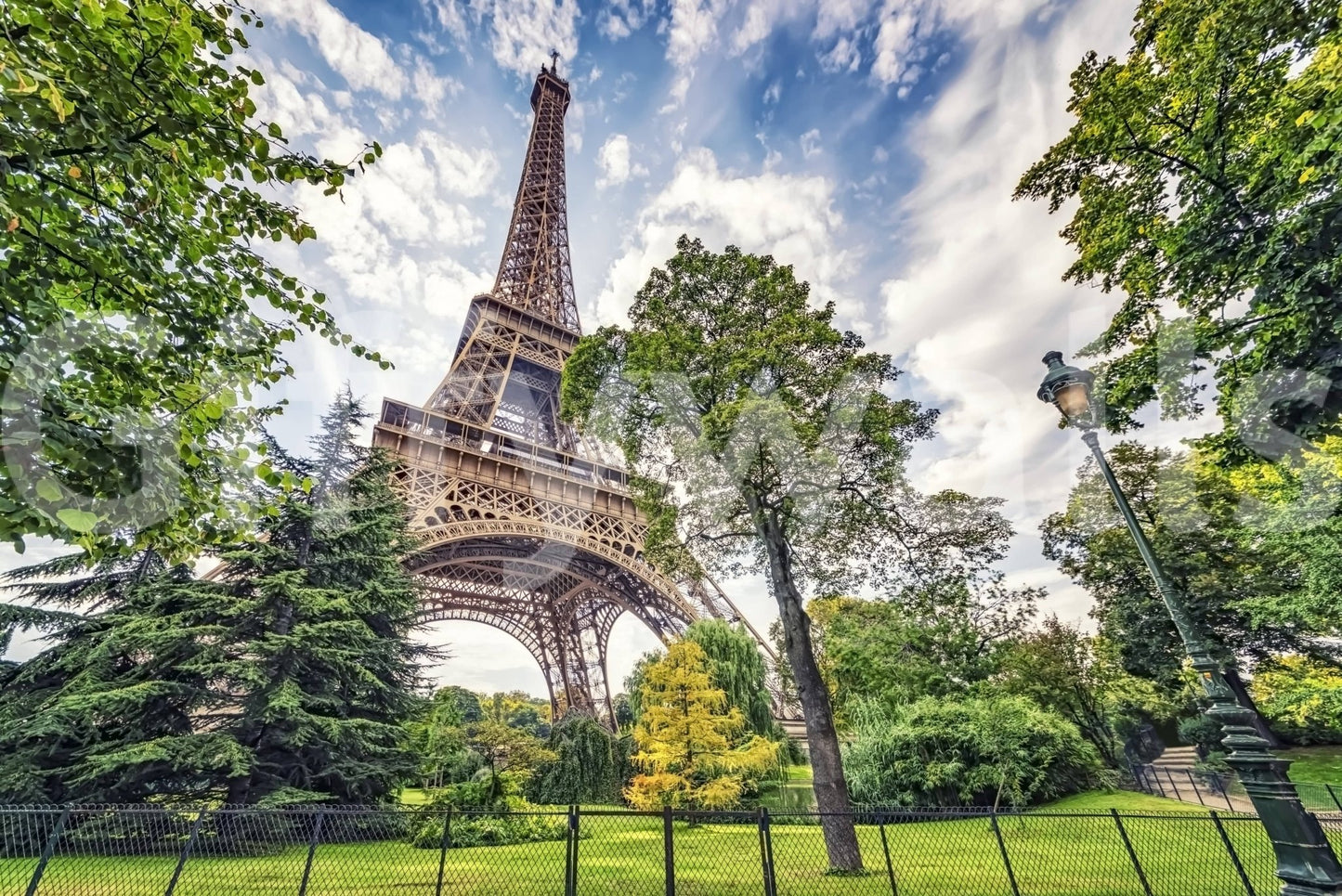 Eiffel Tower Greens wall mural showing Paris landmark with trees and open sky