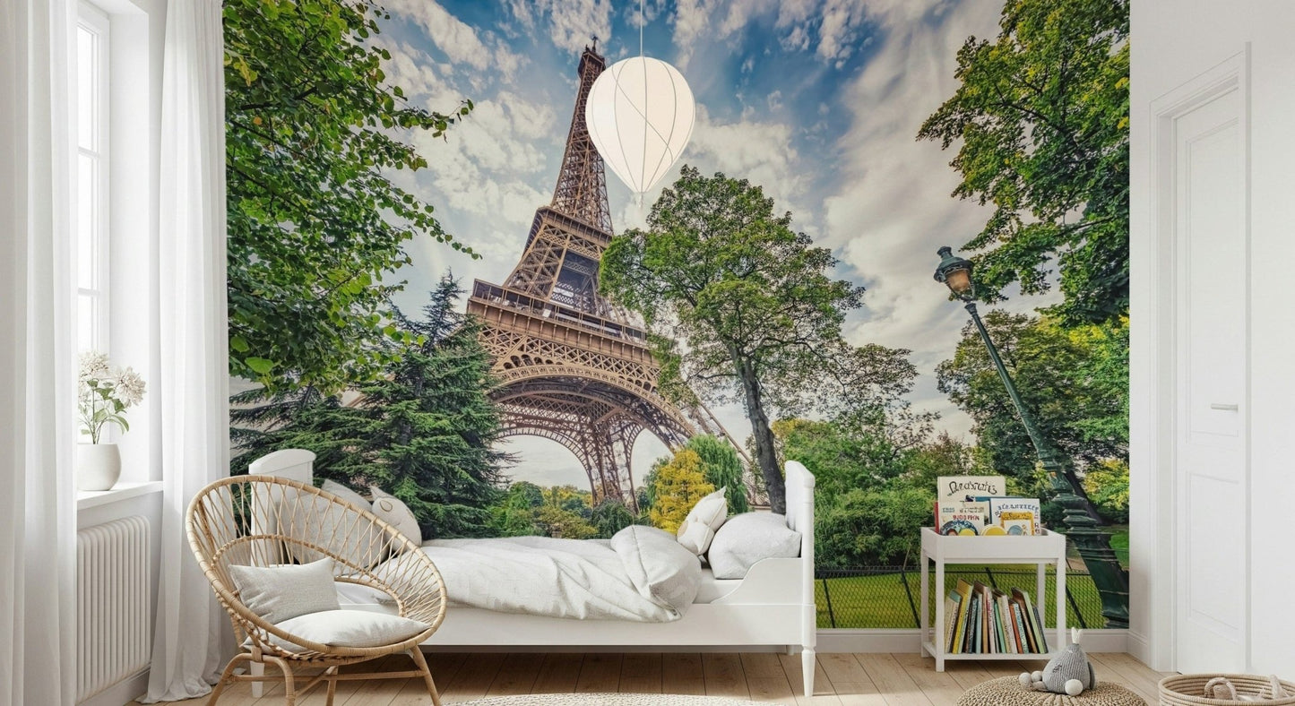 Kids room energy feels lively with Eiffel Tower Greens wall mural perspective