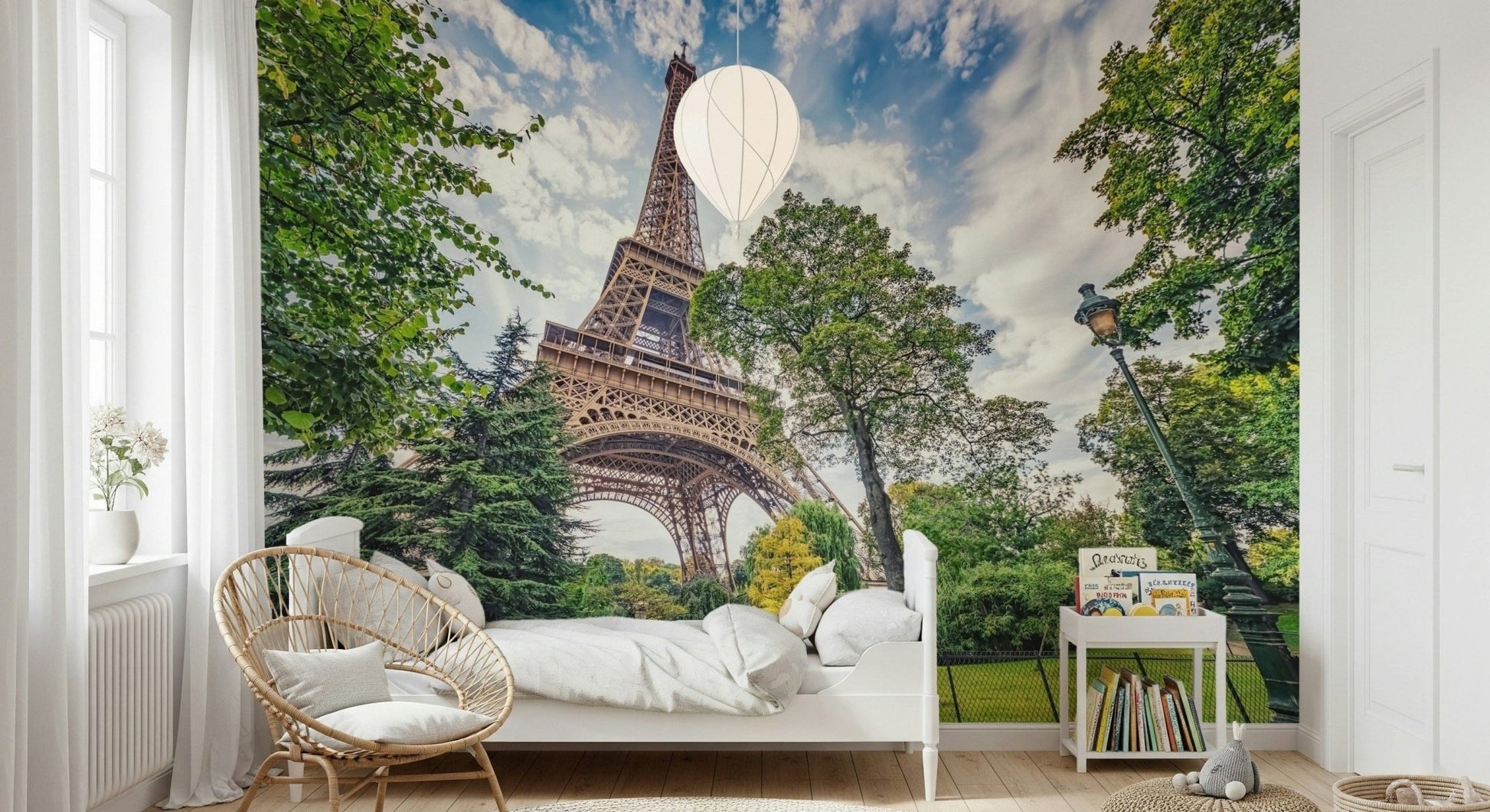 Kids room energy feels lively with Eiffel Tower Greens wall mural perspective