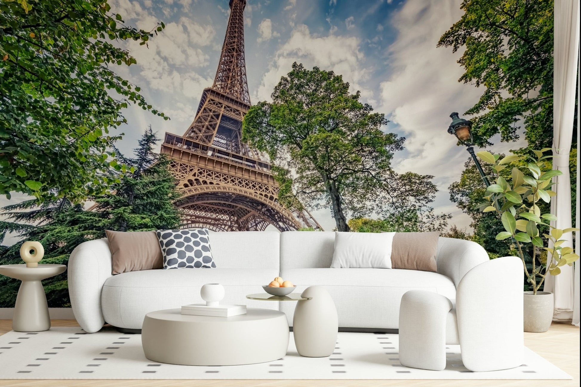 A Living area setting feels bright beside Eiffel Tower Greens wall mural backdrop