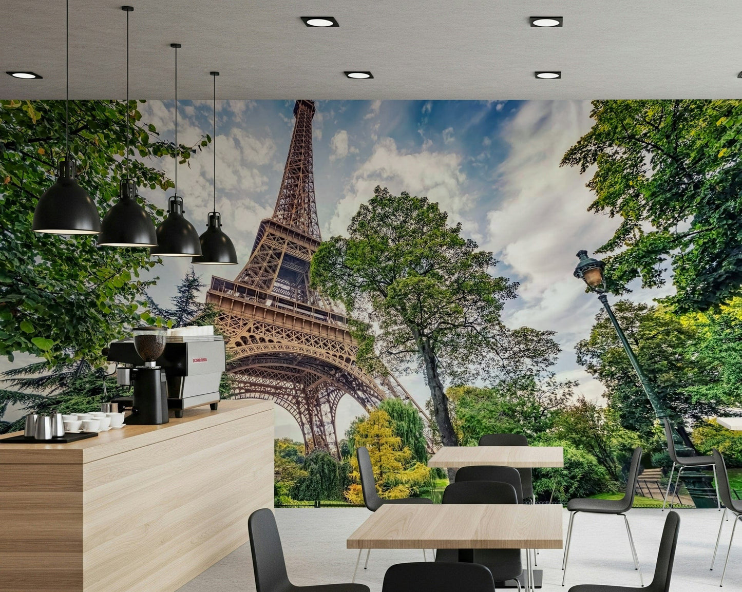 Eiffel Tower Greens wall mural keeps a Cafe visually engaging and open