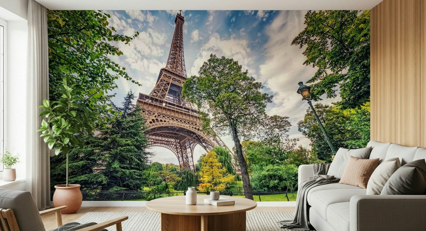 Lounge area space feels lighter with Eiffel Tower Greens wall mural outdoor feel
