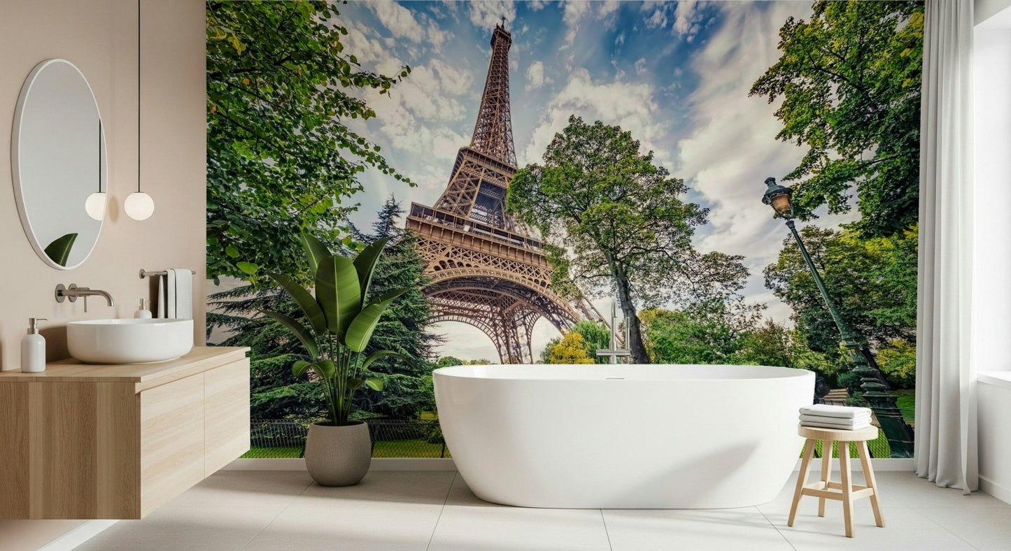 Bathroom setup feels fresh with Eiffel Tower Greens wall mural greenery