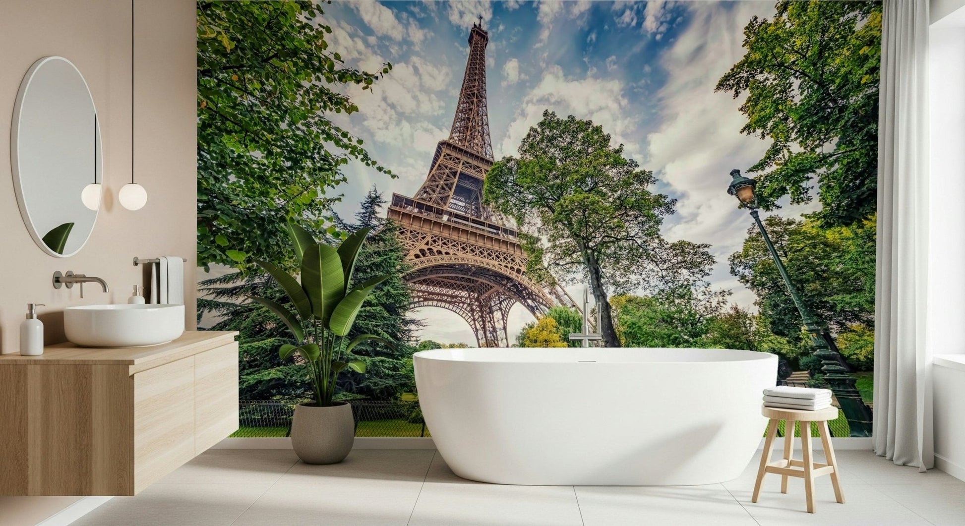 Bathroom setup feels fresh with Eiffel Tower Greens wall mural greenery