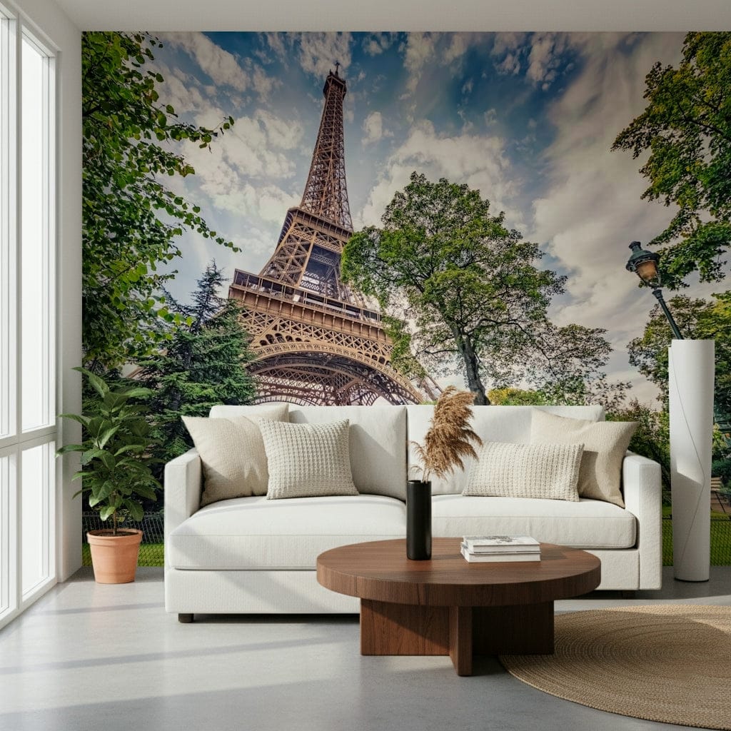 Living room styling feels distinctive with Eiffel Tower Greens wall mural scene