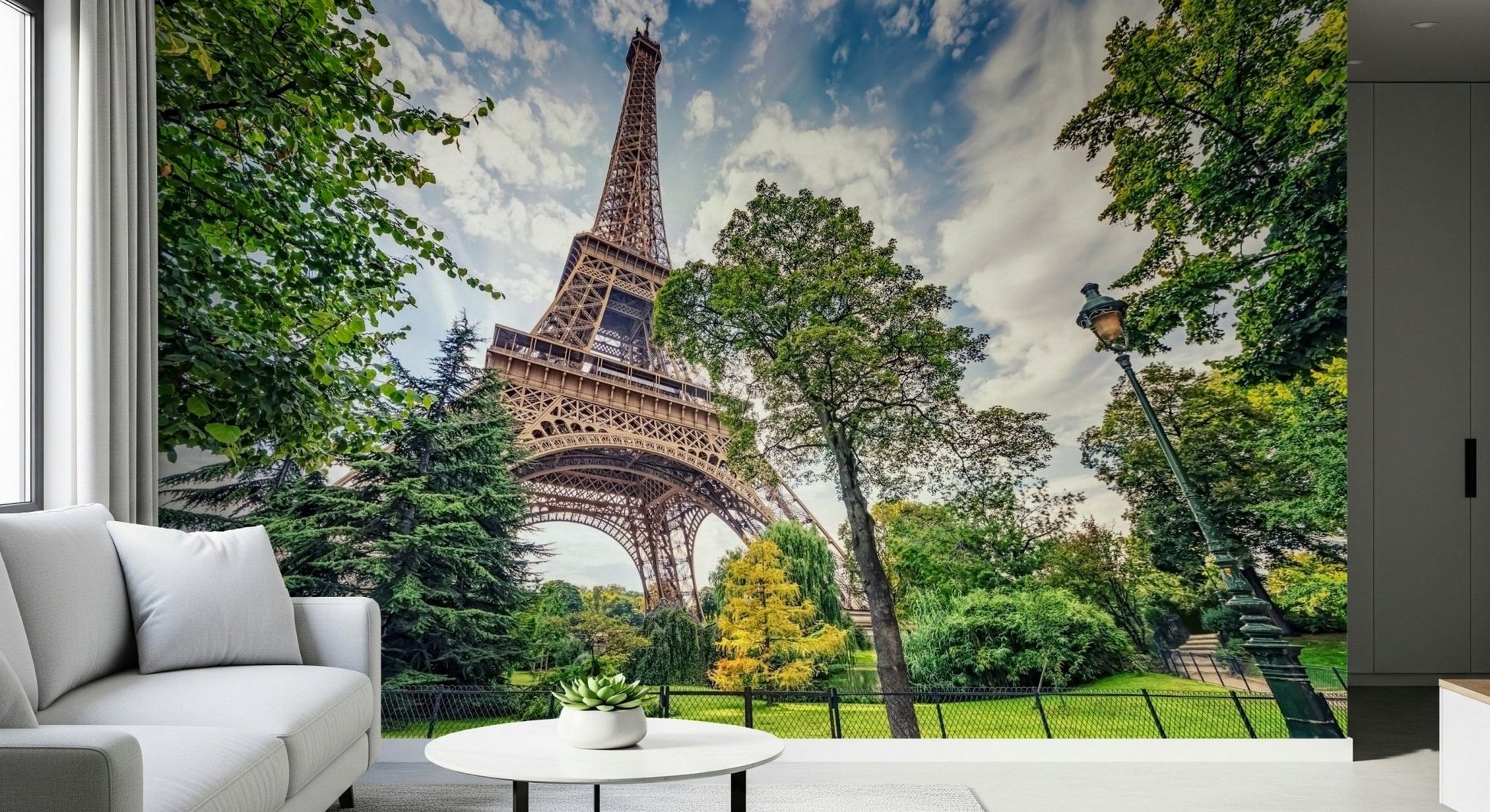 Hallway focus improves with Eiffel Tower Greens wall mural upward angle