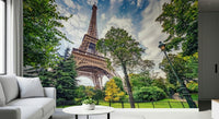 Hallway focus improves with Eiffel Tower Greens wall mural upward angle