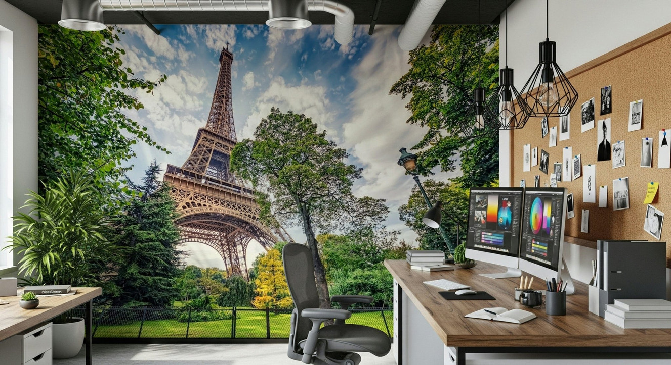 A Home office feels expansive with Eiffel Tower Greens wall mural and sky view