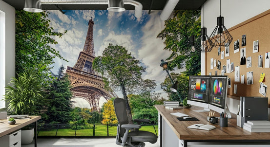 A Home office feels expansive with Eiffel Tower Greens wall mural and sky view, GD7937