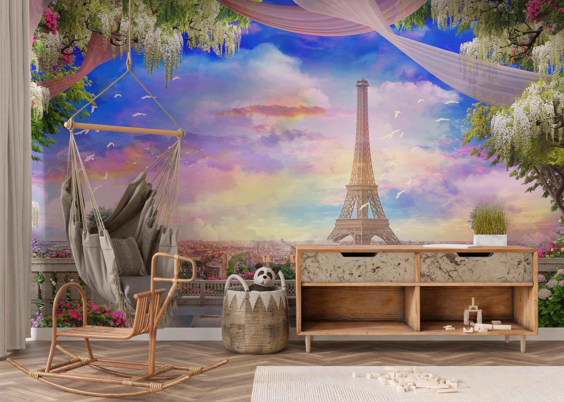 Balcony Eiffel Tower Pink Sunset Wallpaper Mural - Giffywalls