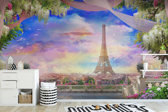 Balcony Eiffel Tower Pink Sunset Wallpaper B145