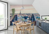 Eiffel Tower View Wall Mural featuring a monochrome city view in a bedroom
