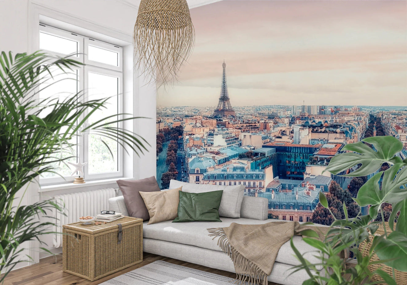 Eiffel Tower View Wall Mural in a sophisticated modern living room