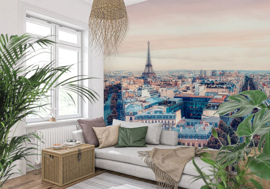 Eiffel Tower View Wall Mural in a sophisticated modern living room, GD7993
