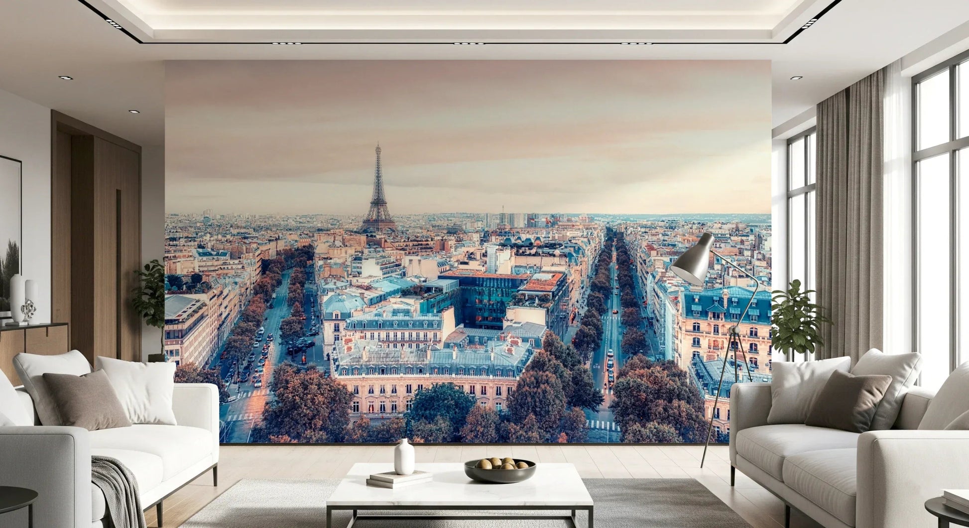Detailed ironwork of Eiffel Tower View Wall Mural in a minimalist study