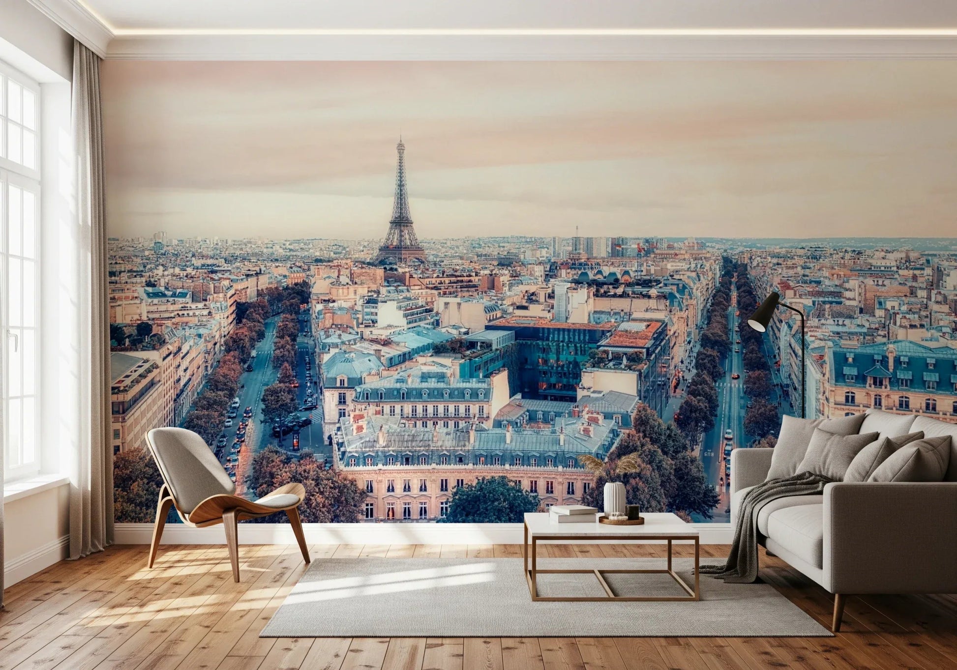 Soft grey tones of Eiffel Tower View Wall Mural for hallway decoration