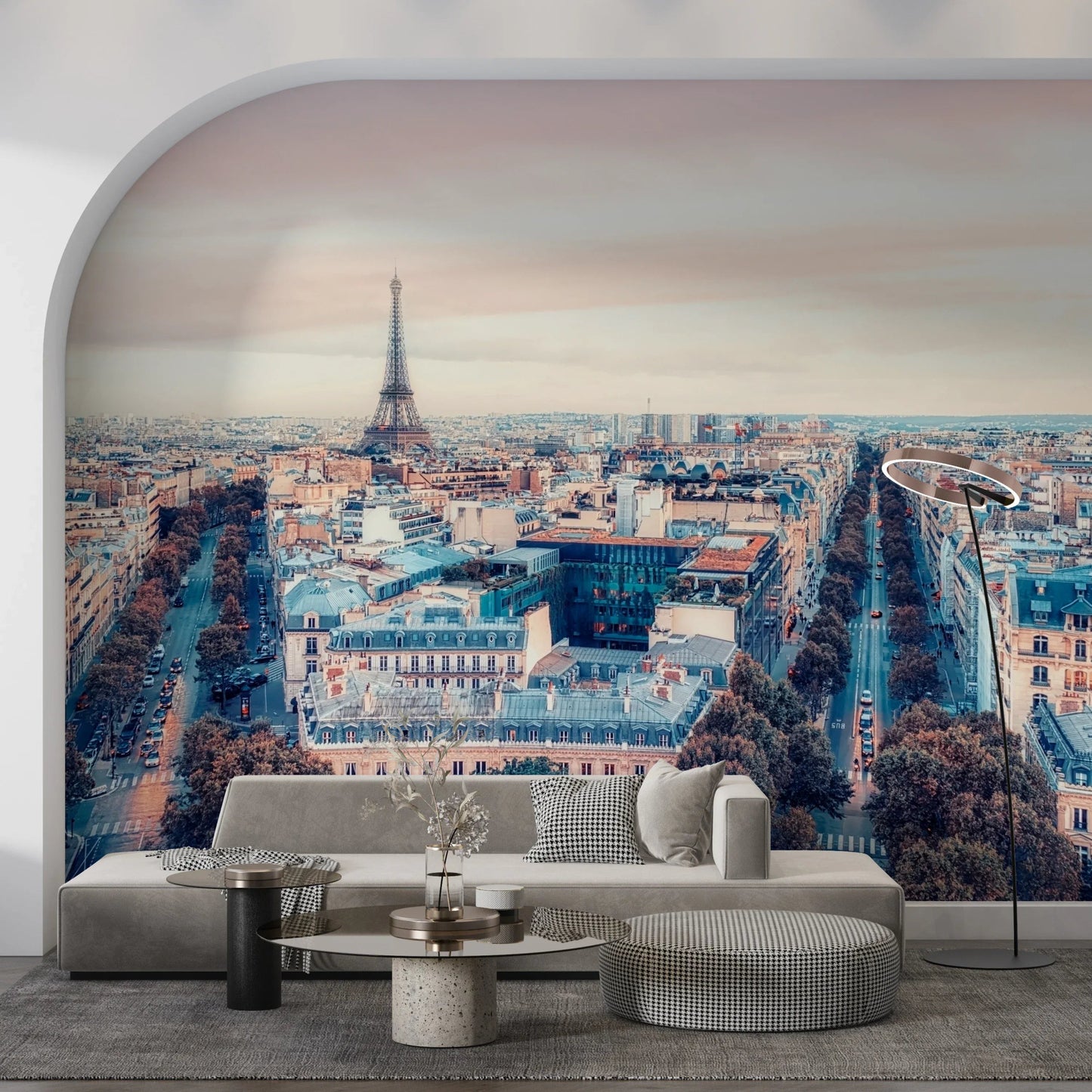 Artistic perspective of Eiffel Tower View Wall Mural in a guest suite