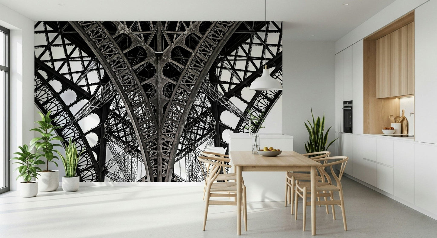 Eiffel's Ascent Wall Mural highlighting structural symmetry for a workspace wallpaper.