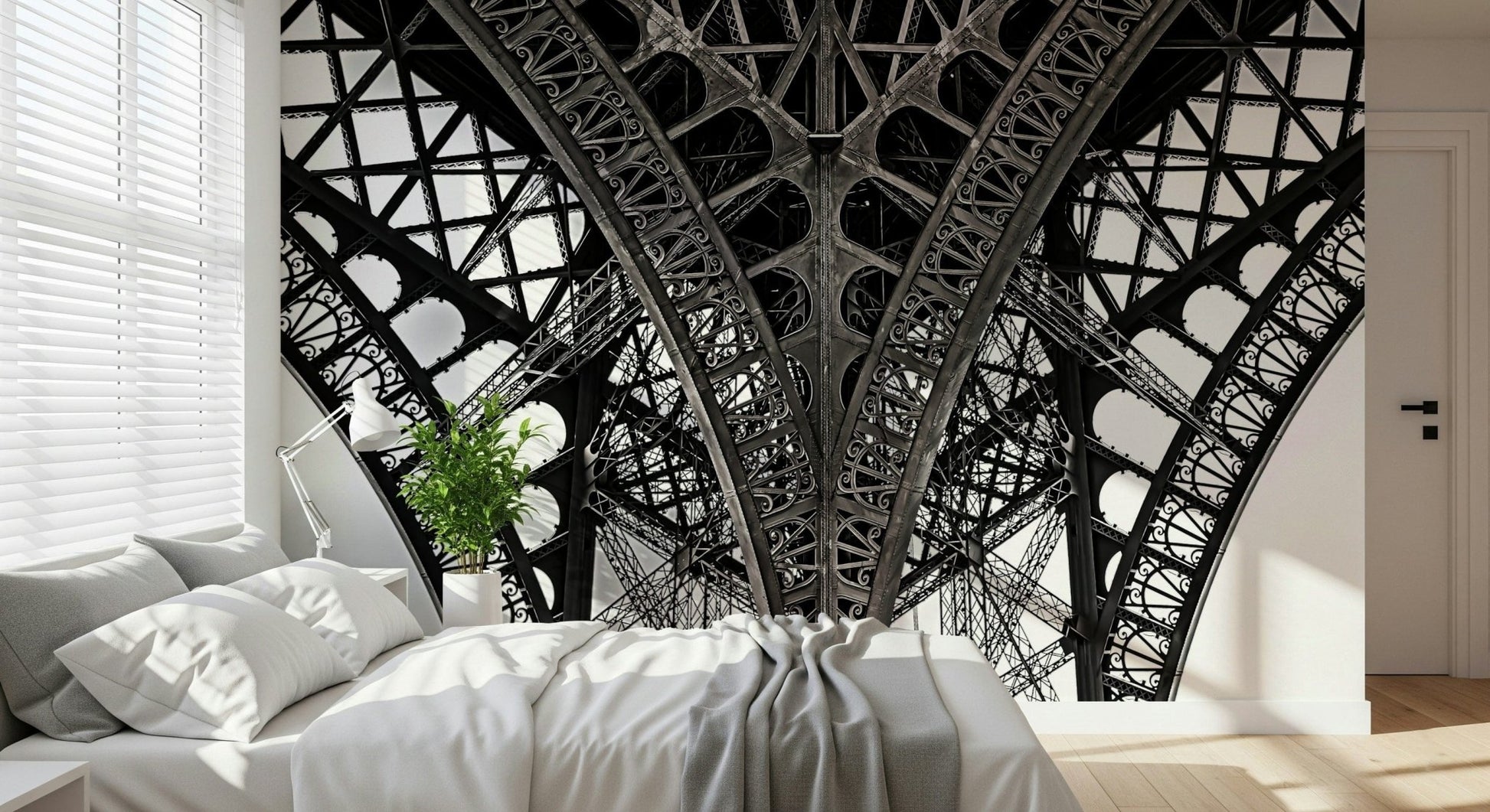 Eiffel's Ascent Wall Mural showing intricate steel details for a bedroom feature wall.