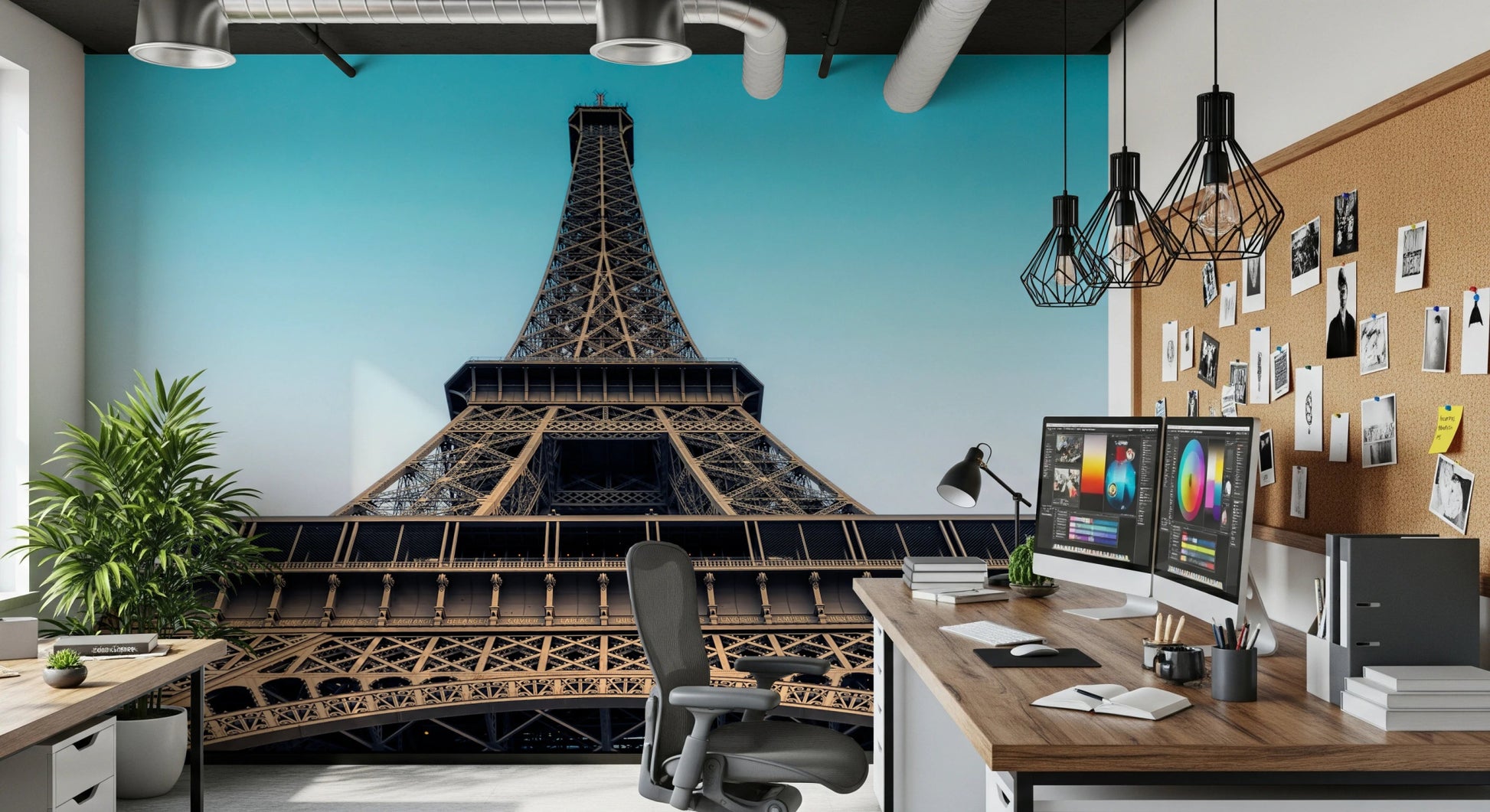 Eiffel's Azure Ascent mural with Eiffel Tower view