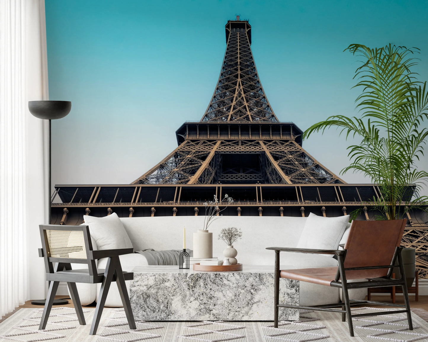 Eiffel Tower mural in warm tones for bedroom wall
