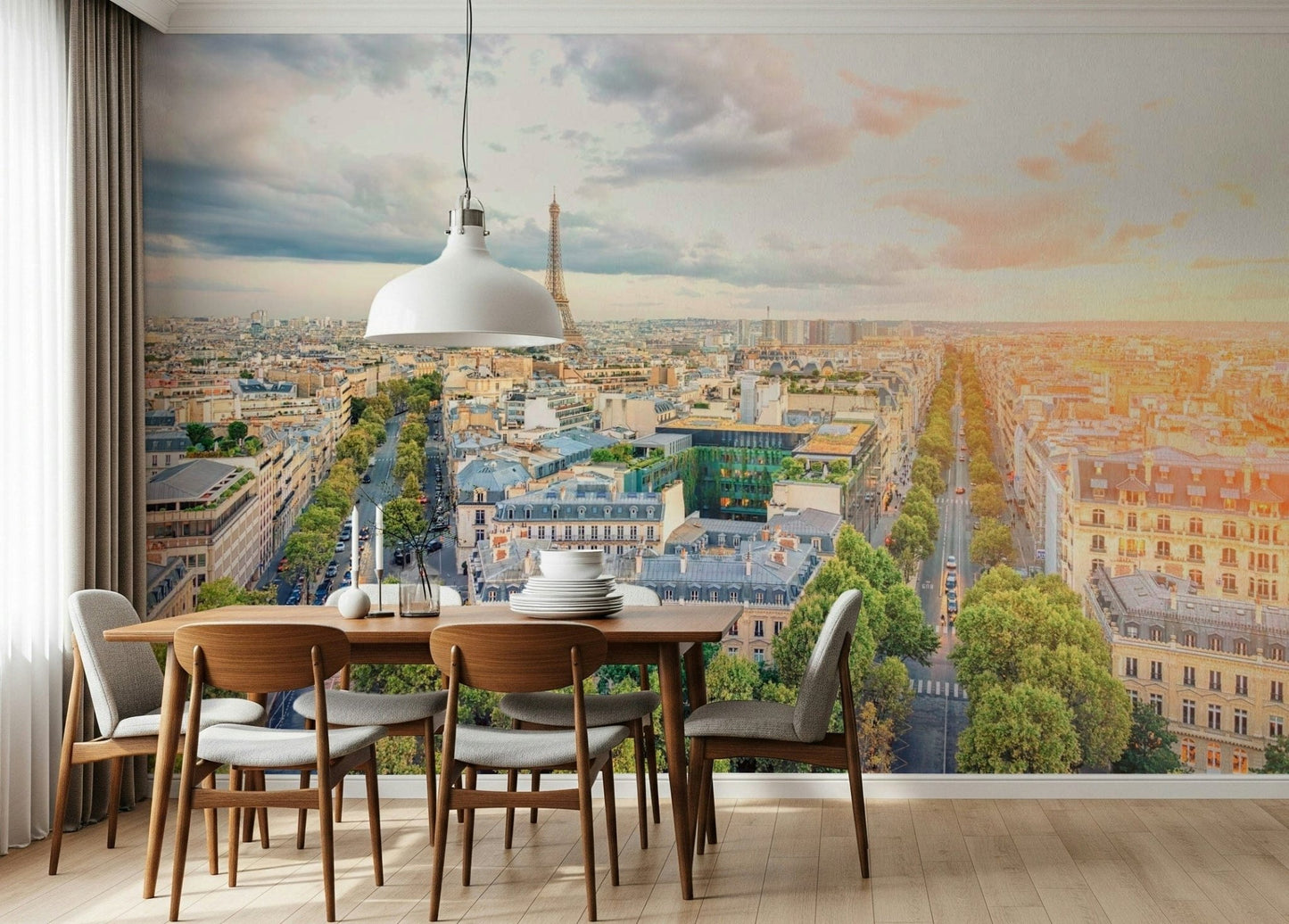 Dining room lifts with Eiffel's Dawn wall mural morning atmosphere