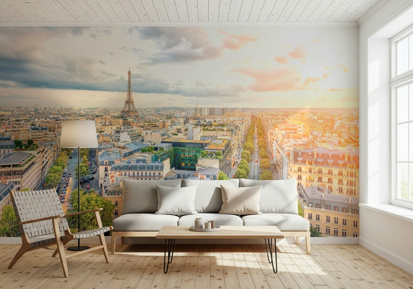 Along a hallway, Eiffel's Dawn wall mural adds long city perspective