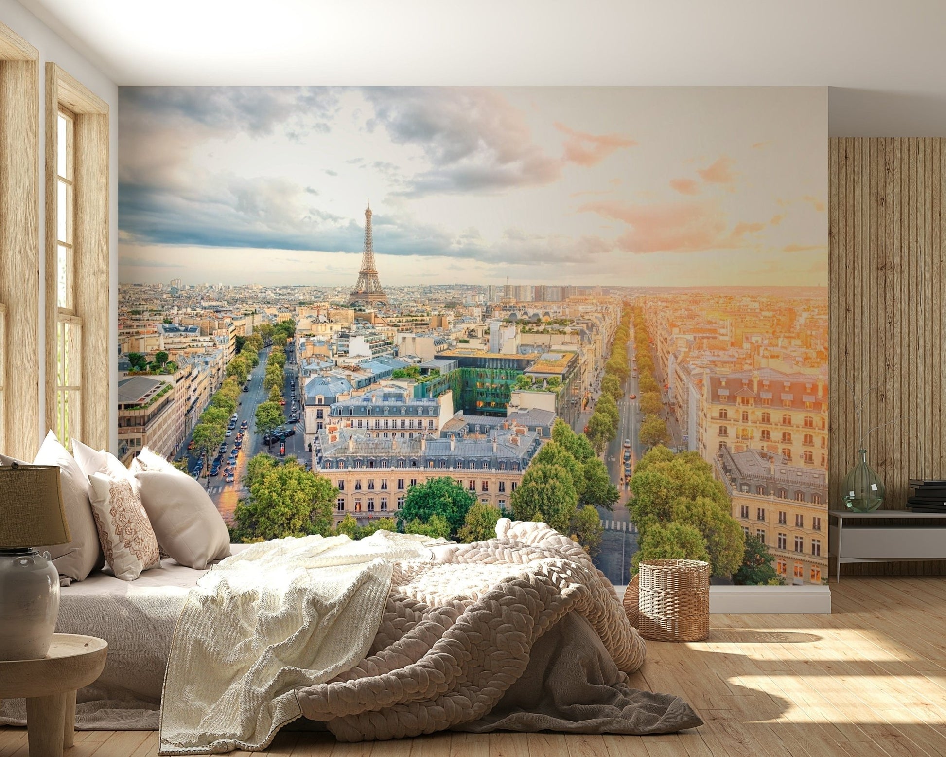 Bedroom styling gains lightness from Eiffel's Dawn wall mural morning view