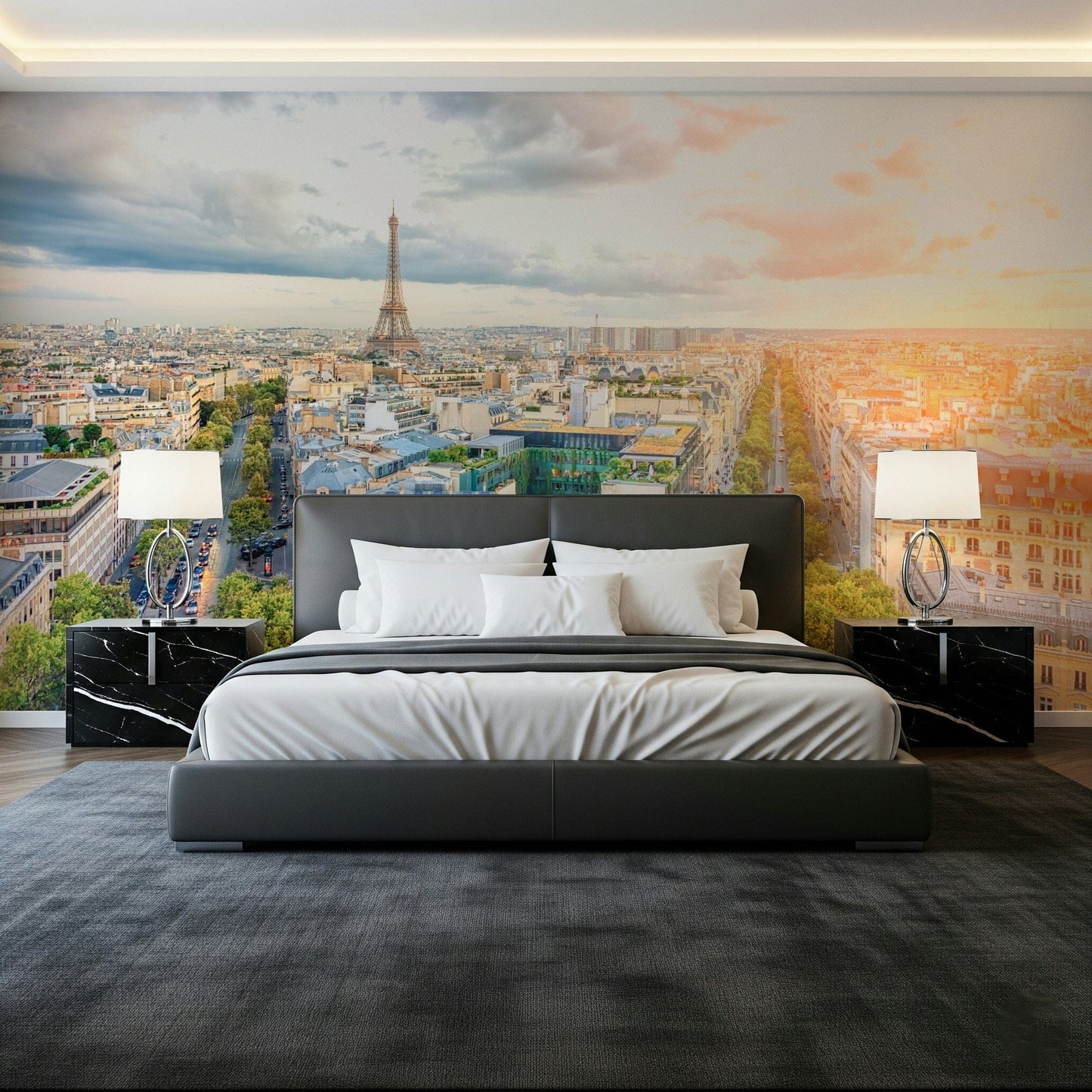 Guest room styling feels modern with Eiffel's Dawn wall mural sunrise look