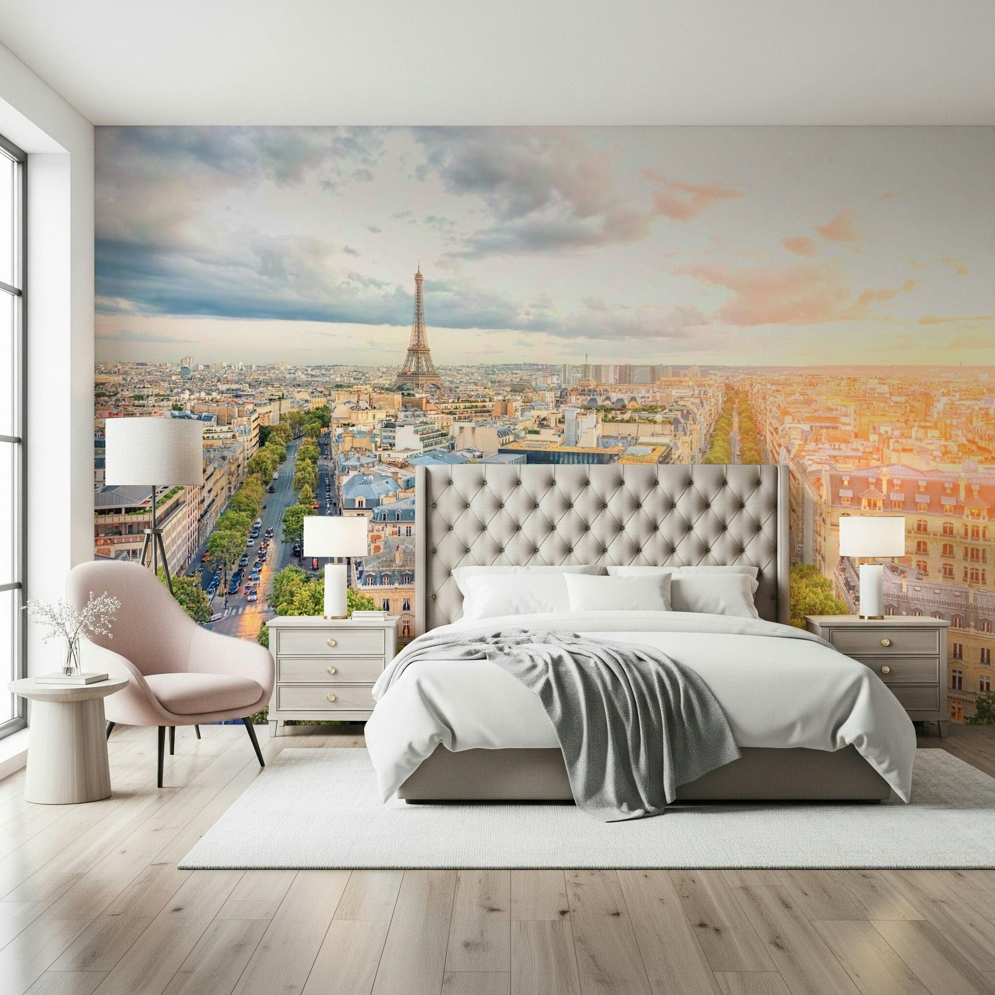 Bedroom a hallway, Eiffel's Dawn wall mural adds long city perspective