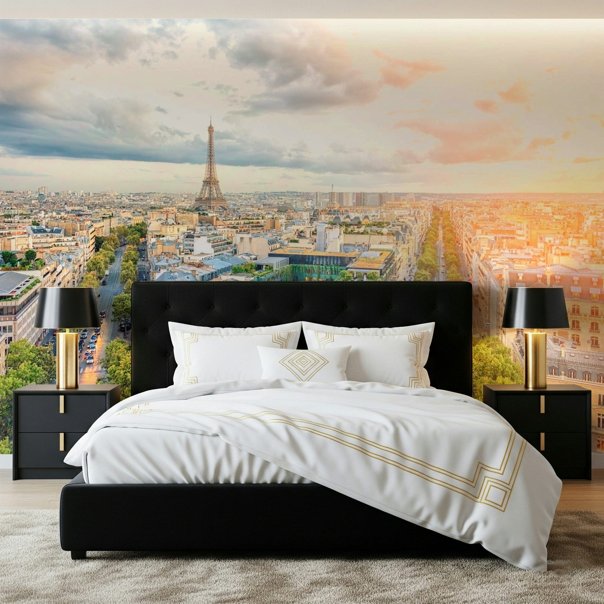 Bedroom setting feels calm beside Eiffel's Dawn wall mural light tones