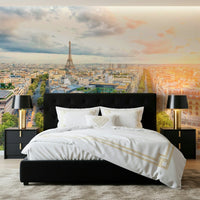 Bedroom setting feels calm beside Eiffel's Dawn wall mural light tones