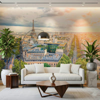 A living room feels brighter with Eiffel's Dawn wall mural and skyline glow