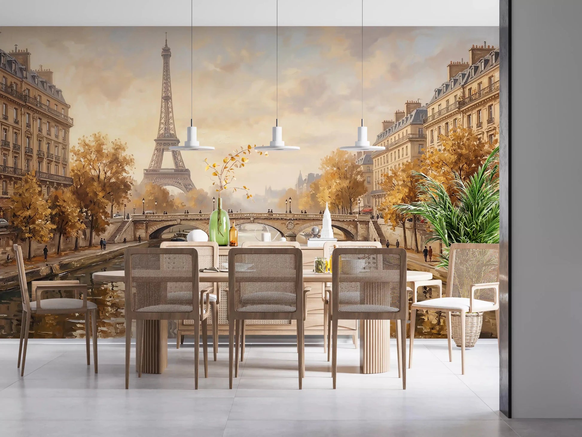 Bright dining area showcasing the scenic Eiffels Golden Embrace Wall Mural vista.