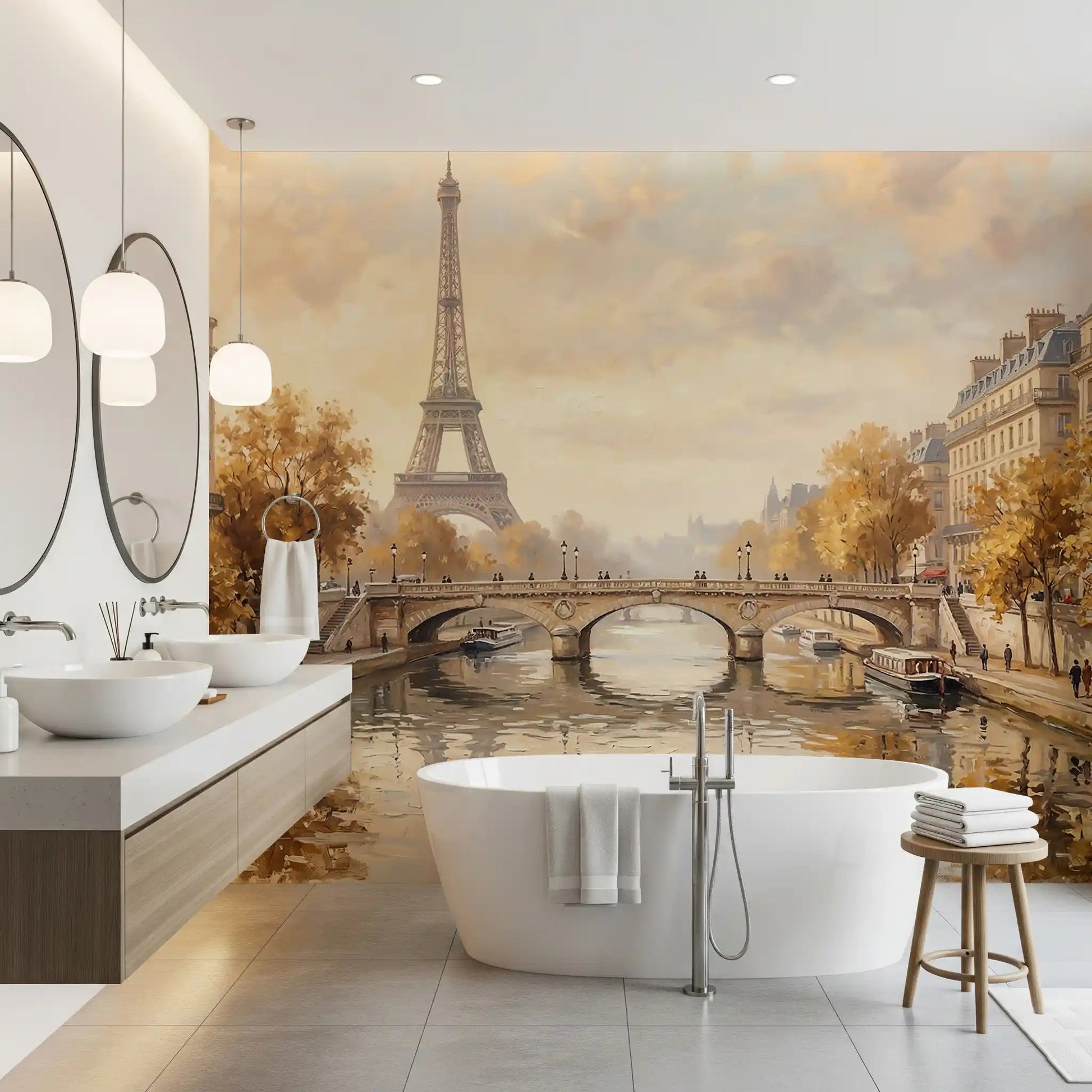 Bathroom with a feature wall using the scenic Eiffels Golden Embrace Wall Mural.