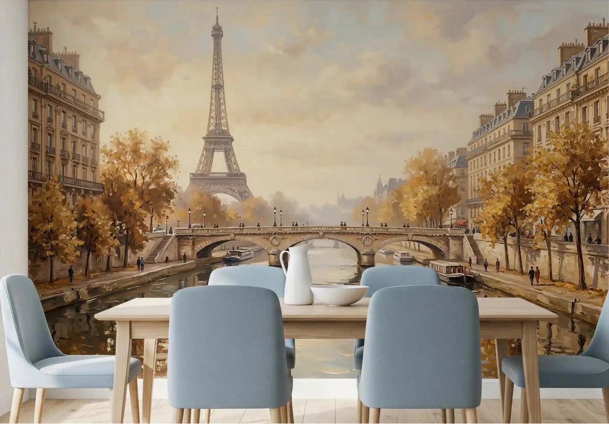 Dining room featuring the Parisian scene of the Eiffels Golden Embrace Wall Mural., GD9104