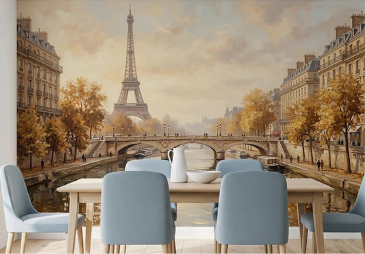 Dining room featuring the Parisian scene of the Eiffels Golden Embrace Wall Mural.