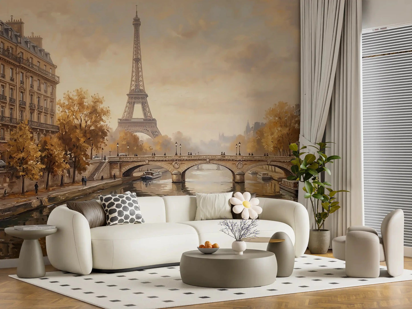 Sunlight shining on the premium quality Eiffels Golden Embrace Wall Mural surface.